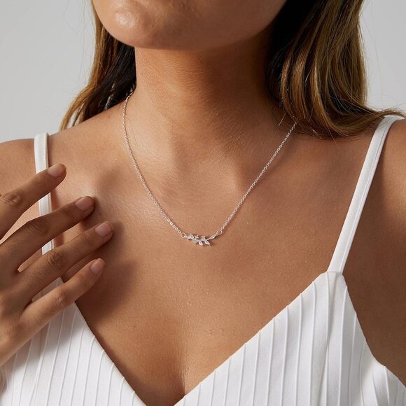 ⚡Silver CZ olive branch leaf 14k Gold Plated CZ Pendant Necklace Gold for Women - Picture 2 of 7